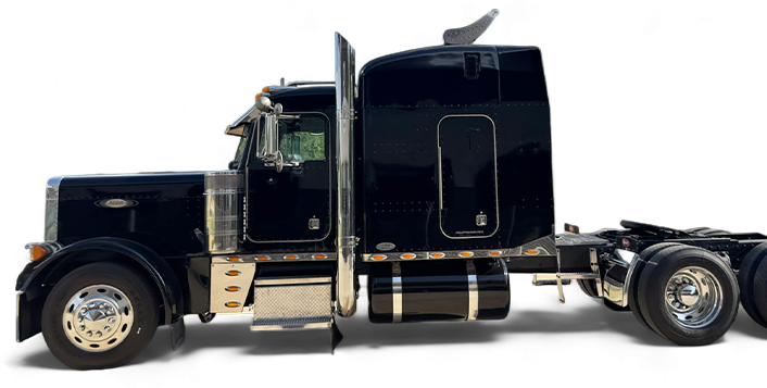 Profile view of a black Peterbilt sleeper truck